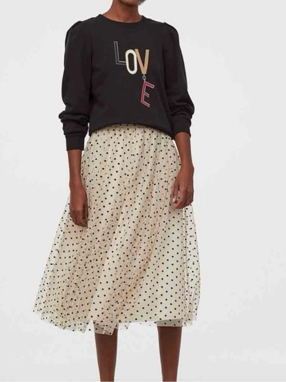 H&M Cream and Black Flock Polka Dot Tulle Midi Skirt - Medium